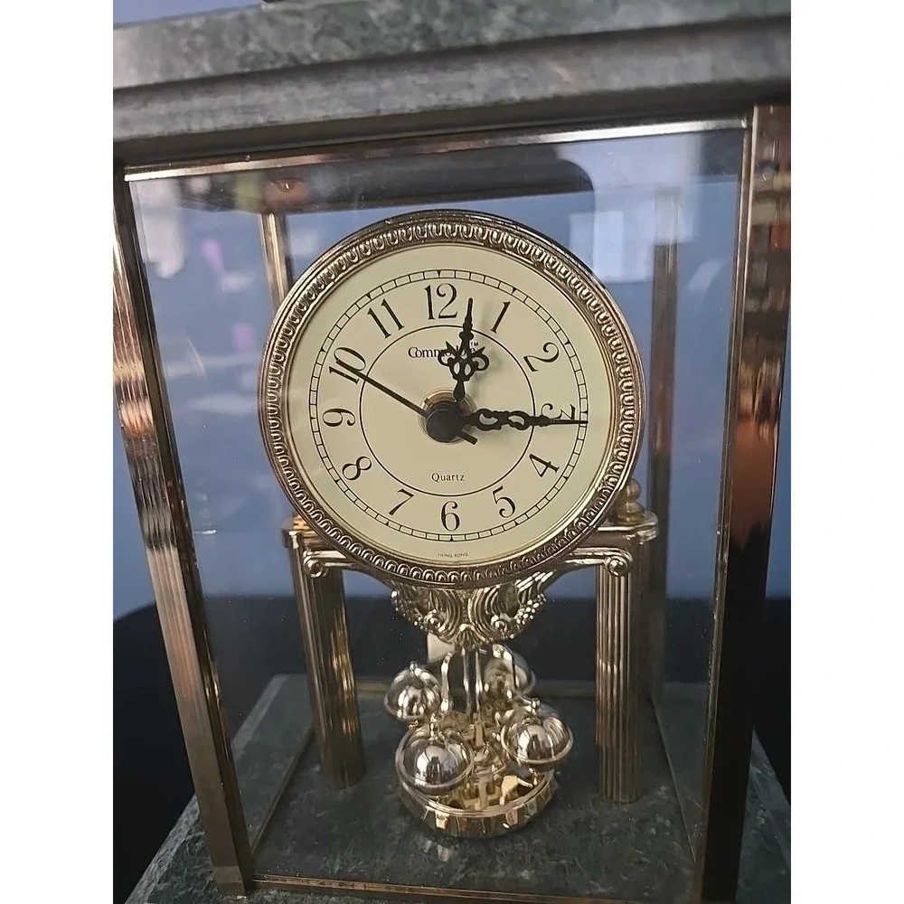 Vintage Commodore Quartz Mantel Clock Marble Brass Rotating Pendulum Not WORKING